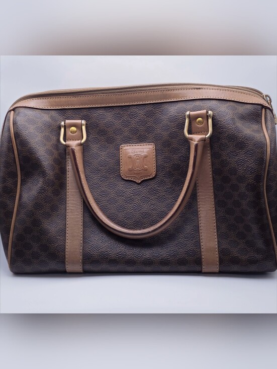Celine Handbags - Celine Brown Macadam Canvas Satchel with Tan Leather Trim
